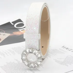 Women white glitter rhinestone buckle belt stylish fashion trendy casual waist belt for dress