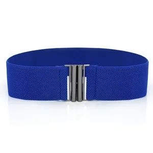 Close-up detail of wide royal blue elastic waist belt featuring interlocking metal hook buckle.