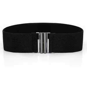 Women's wide elastic waist belt with metal clasp, versatile black cinch belt for dresses.