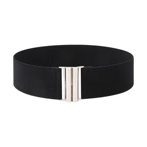 Cinturón elástico ancho para mujer, cinturón ajustable negro con hebilla metálica plateada.