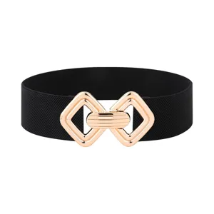 Cinturón elástico ancho para mujer con hebilla metálica geométrica dorada elegante.