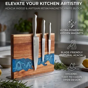 Bloc à Couteaux Magnétique Bois d'Acacia Résine Art Porte Couteau Avec Base en Acier Inoxydable Rangement Cuisine Organisateur