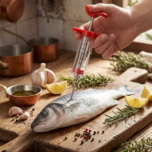 Iniettore di marinata in acciaio inossidabile per carne e tacchino con scala graduata.