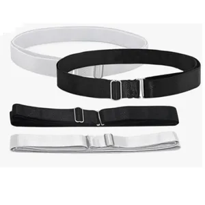 Close-up details of women's elastic waist belt with black and white adjustable bands.