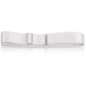Detail view of the white elastic belt with adjustable metal buckle for women, versatile stretch.