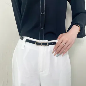 Elegant women thin leather belt stylish minimalist dress waist accessory detail view