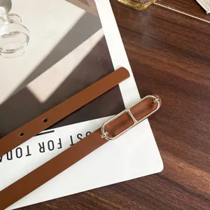 Women thin brown belt with sleek metal buckle stylish dress accessory for elegant daily wear fashion