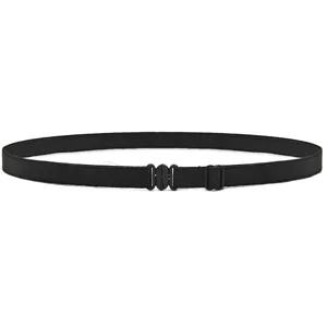 Details of the black adjustable elastic shirt stay belt featuring durable metal clips and buckle.