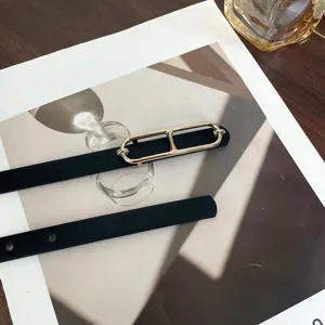 Women thin black leather belt with gold metal buckle elegant dress waist accessory