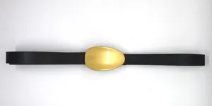 Nahansicht des eleganten schwarzen Ledergürtels mit glänzender goldener Ovalschnalle.