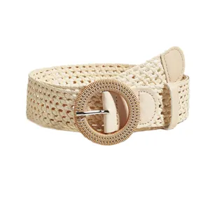 Vrouwen gevlochten riem retro ronde gesp casual jurk tailleband beige stro gevlochten