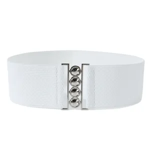 Weisser elastischer Stretchgürtel für Damen mit silberner Metallschließe und runden Nieten.