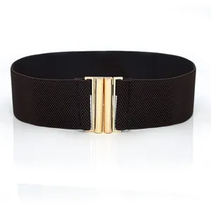 Detailed view of the wide elastic waist belt with metallic gold double buckle design.