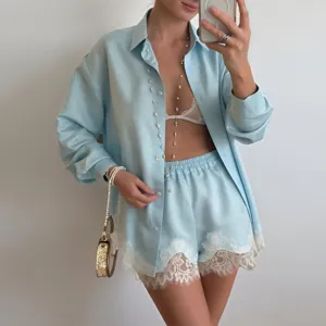 Light blue satin long sleeve shirt and lace trim shorts matching set for women summer.