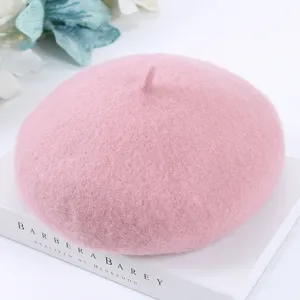 Pink wool beret for women, classic winter warm painter hat, soft stylish woolen cap variant