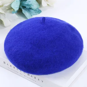 Classic blue wool beret hat for women, soft winter warm painter hat, stylish autumn headwear.