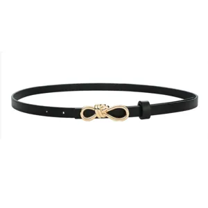 Detailed view of women's thin black leather belt featuring a chic gold knot buckle.