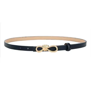 Women slim black leather belt with gold knot buckle, stylish accessory for dress and jeans.