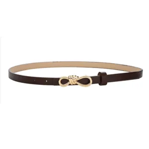 Women thin brown leather belt with stylish gold metal knot buckle dress waist strap