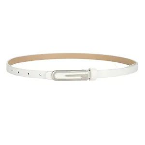 Cinturón de cuero blanco delgado para mujer con hebilla plateada en forma de G, elegante.