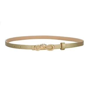 Women's thin metallic gold leather belt with chic knot buckle for dresses and jeans.