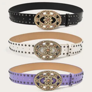 Women Retro PU Leather Belt Floral Rhinestone Inlaid Smooth Buckle Metal Rivet Decorative Waist Belt Fashion Accessories