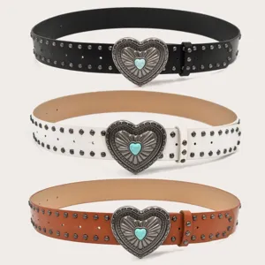 American Retro Women PU Leather Belt Punk Style Metal Rivet Heart Turquoise Buckle Y2K Fashion Waist Belt