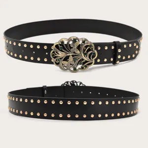 Detail shot of the punk style black wide belt, featuring gold studs and butterfly buckle.