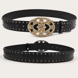 Detailed view of the black retro rhinestone flower buckle waist belt for women fashion.
