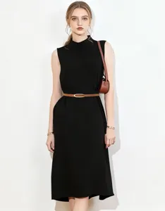 Detail view of the elegant thin leather belt showcasing the delicate metal buckle design.