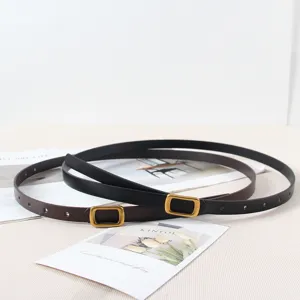 Women thin leather belt detail, classic black and brown straps with retro square metal buckle.