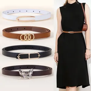 Women's Versatile Thin PU Leather Belt Fashion Simple Decorative Waistband Elegant Metal Buckle Dress Belt
