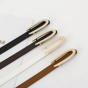Women thin leather belt set with elegant gold U-shaped buckle, stylish minimalist design.