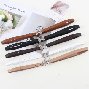 Women's thin leather belt set with silver butterfly buckle stylish minimalist dress waist strap