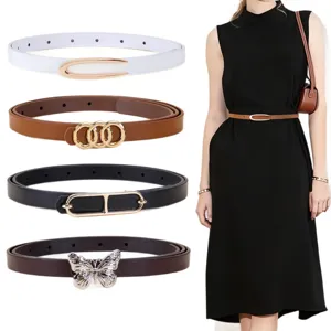 Women thin leather belt set stylish minimalist dress waist belt chic metal buckle accessories