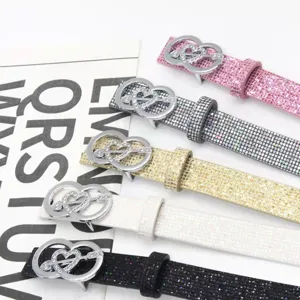 Women Fashion PU Leather Waist Belt Rhinestone Heart Interlocking Buckle Sparkly Sequin Belt For Dress Jeans Daily Accessories