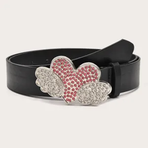 Trendiger Strass-Herz-Flügel-Gürtel, modischer schwarzer Ledergürtel für Jeans und Röcke.
