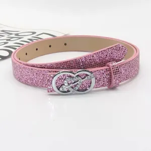 Pink rhinestone belt detail, sparkling crystal buckle design, perfect for dresses and jeans.