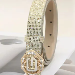 Women Fashion PU Leather Waist Belt Rhinestone Sequins Shiny Casual Dress Jeans Decorative Waistband Accessories