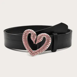 Schwarzer Ledergürtel mit rosa Strass-Herz-Schwan-Schnalle Damen Mode Jeanskleid Accessoire