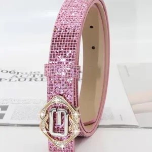Women pink rhinestone belt sparkling sequin alloy buckle stylish waist belt jeans dress