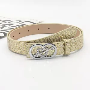 Rhinestone belt detail showcasing sparkling crystal details and interlocking heart buckle design.