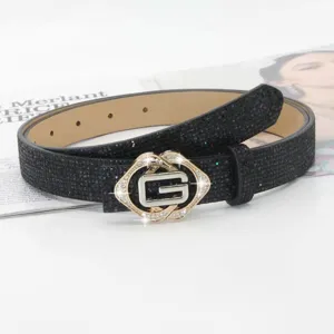 Stylish women's black glitter belt with dazzling rhinestone letter G alloy buckle accessory.