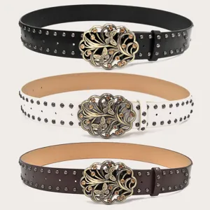 Cintura in Pelle PU Punk Retro da Donna con Fibbia a Farfalla in Strass e Rivetti