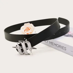 Black vintage style leather belt featuring a sparkling rhinestone star metal buckle.