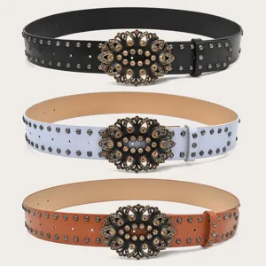Retro Rhinestone Carved Embossed Women PU Leather Decorative Belt Alloy Buckle Waistband