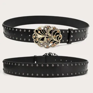Cintura in pelle nera con borchie in metallo e una fibbia a farfalla con strass vintage.