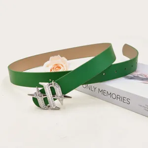 Green fashion waist belt with sparkling rhinestone buckle, stylish retro PU leather strap for women.