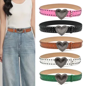 Women Men Fashion PU Leather Belt Vintage Heart Metal Buckle Rivet Punk Waist Belt Versatile Casual Waistband