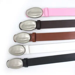 Trendy oval buckle leather belt for women, stylish multi-color waist accessory for jeans and dresses.